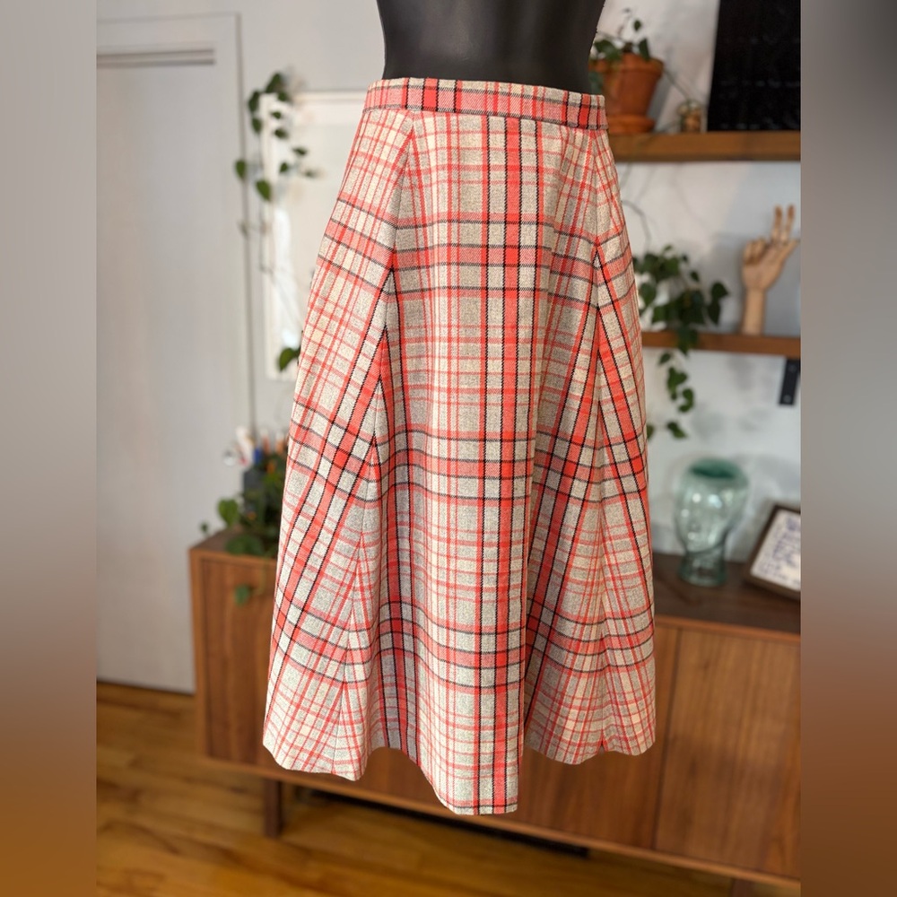 Handmade VTG-Coral and Grey Plaid Midi Skirt